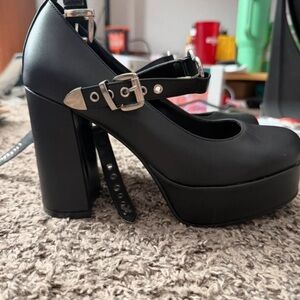 Black Platform Mary Jane Heels with Silver Buckle Strap